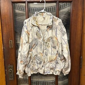 Vintage 100% Silk Shell Print Bomber Jacket Cream Gray Tan Beach Chic Bohemian
